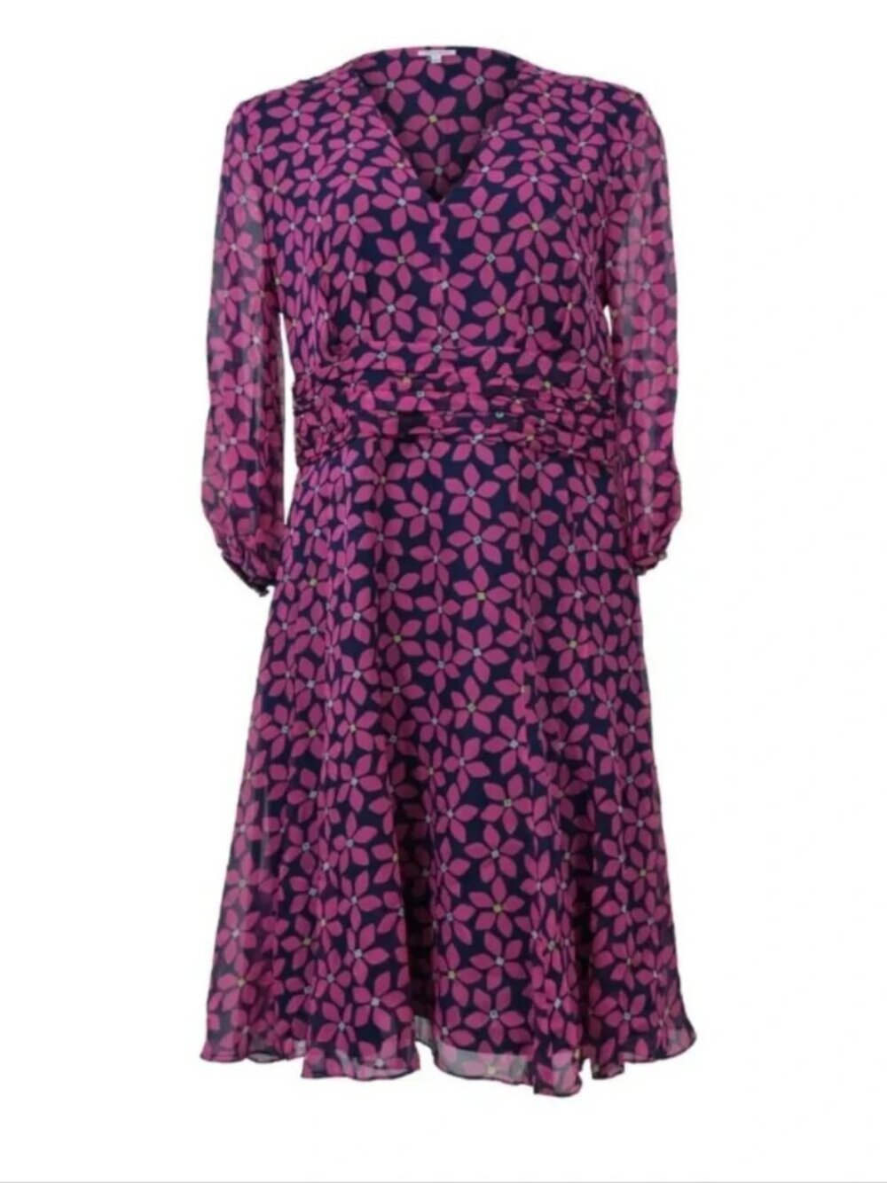 Diane Von Furstenberg Navy Silk Pink Floral V-Neck Half Sleeve Dress.  SZ 8